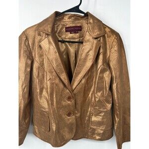 Women’s 100% Leather Blazer Jacket size medium gold mob wife Margaret Godfrey